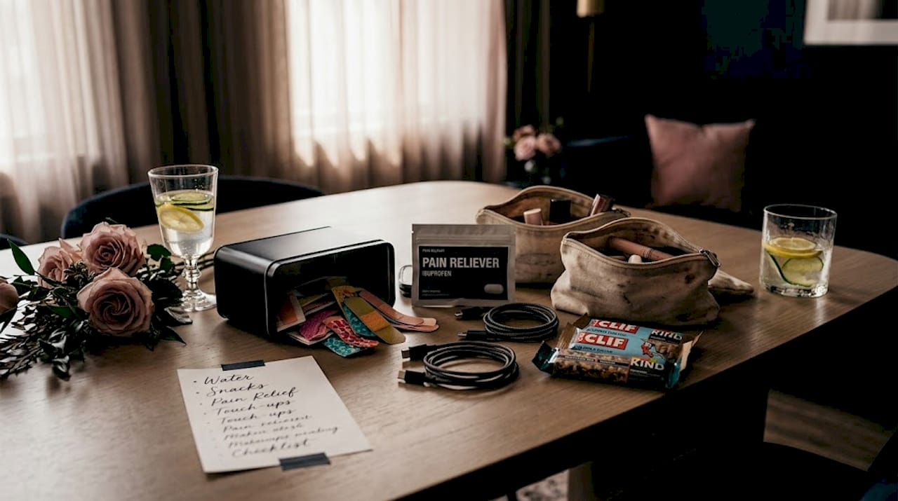 Emergency kit supplies spread on prep table