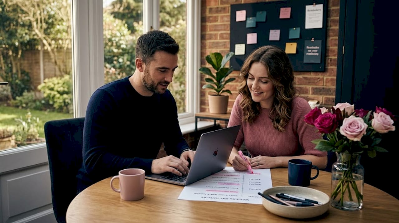 Couple reviewing automated wedding timeline at home