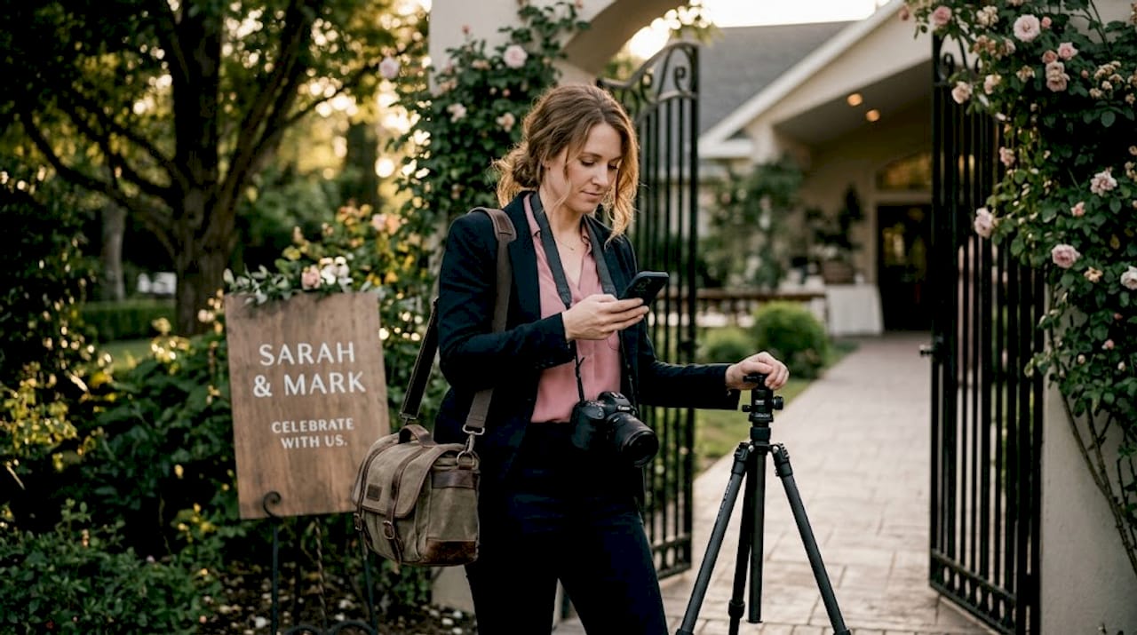 Photographer checks wedding timeline on phone outside venue