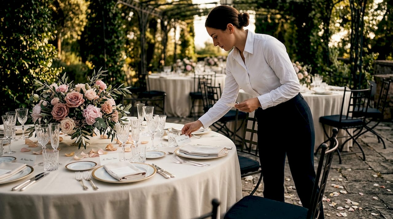 Staff arranging guest cards on wedding round table