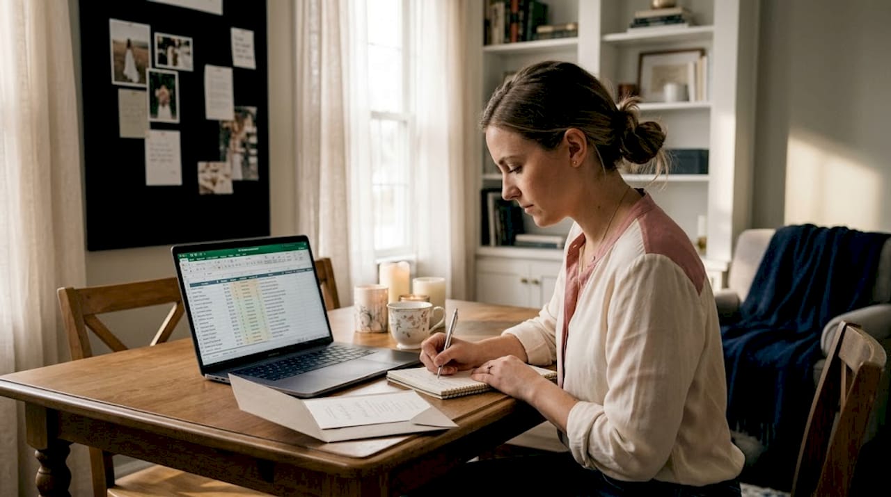 Woman planning wedding seating chart at kitchen table