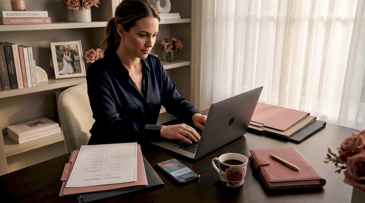 Planner working on wedding email templates