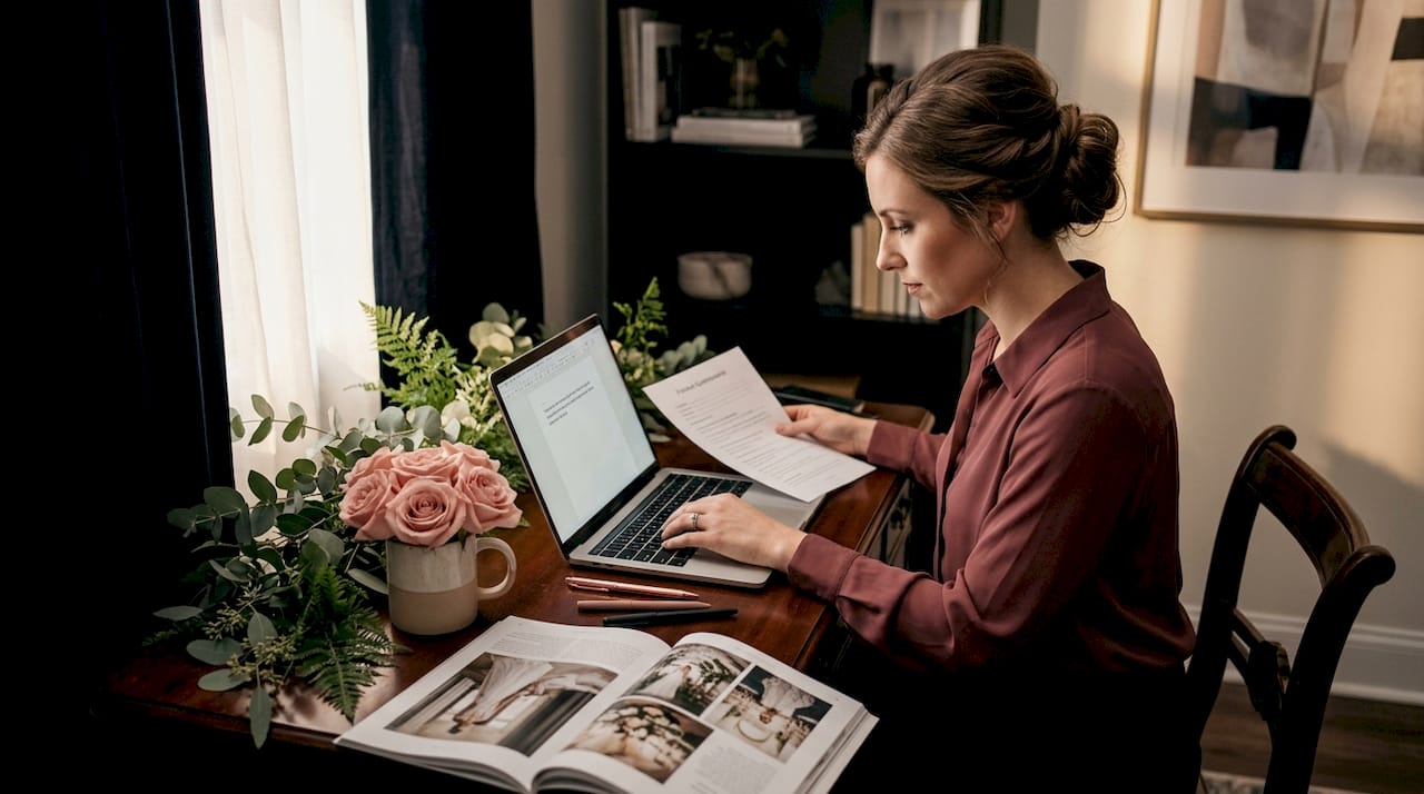 Planner reviews wedding questionnaire at kitchen table
