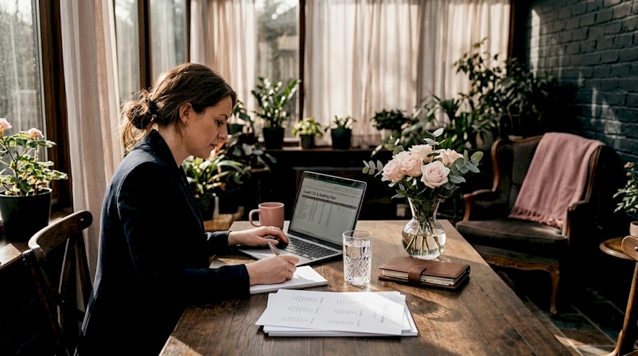 Wedding planner updates guest management on laptop