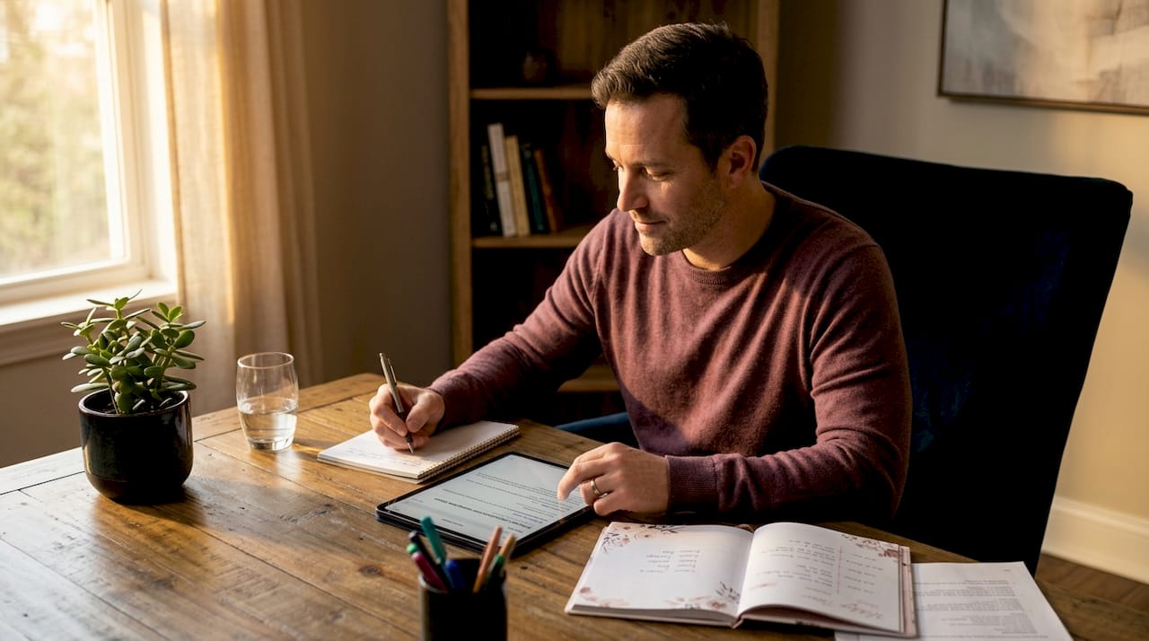 Planner drafting lead nurturing email at kitchen table