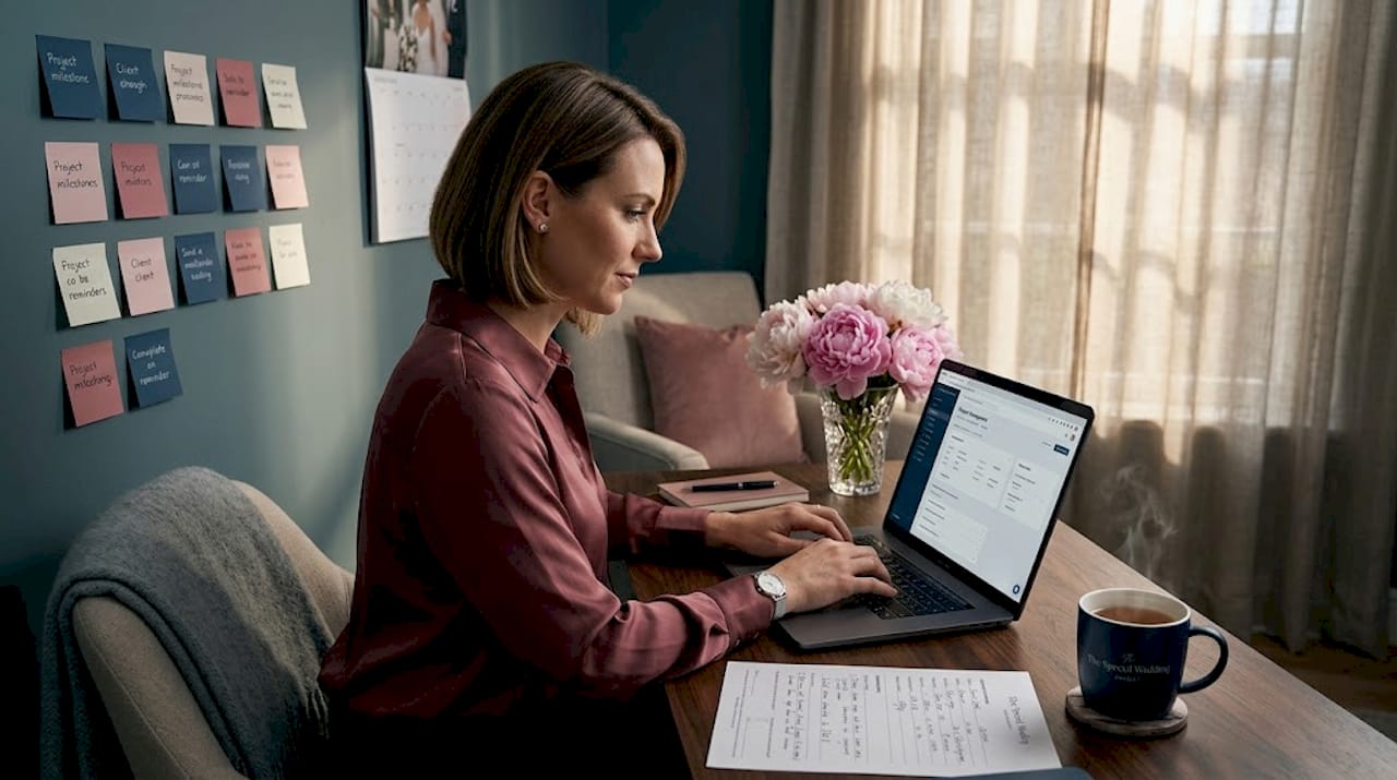 Wedding planner reviewing client inquiry forms