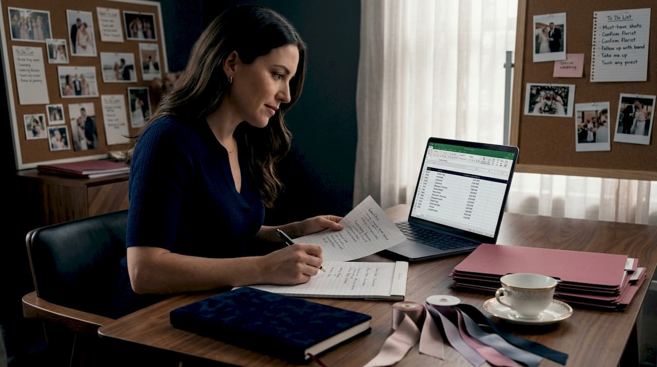 Wedding planner working in an organized home office
