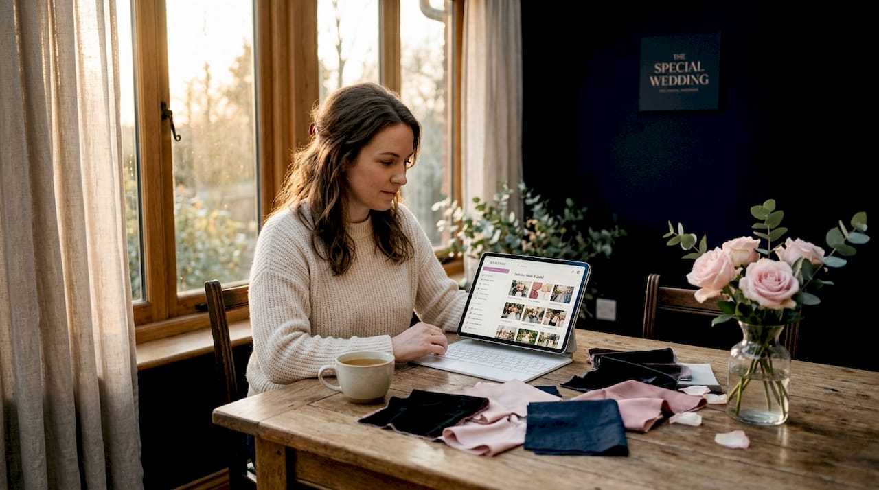 Wedding planner using tablet with spreadsheets on table