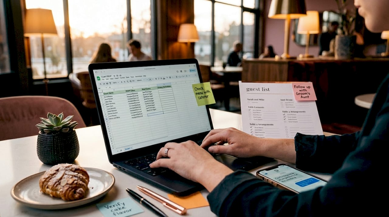 Hands managing guest list on laptop and phone