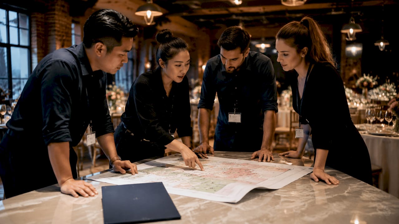 Crew coordinating wedding setup using zone map outdoors