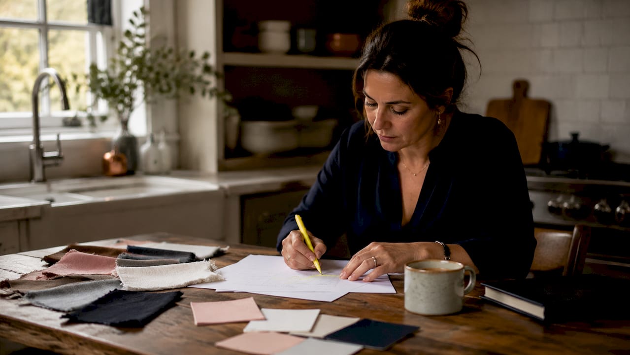 Wedding coordinator reviewing run-of-show document at café