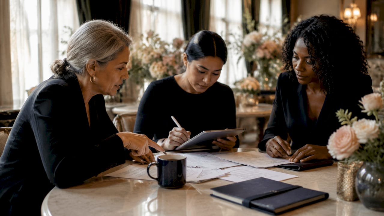 Wedding coordinators collaborating on schedules