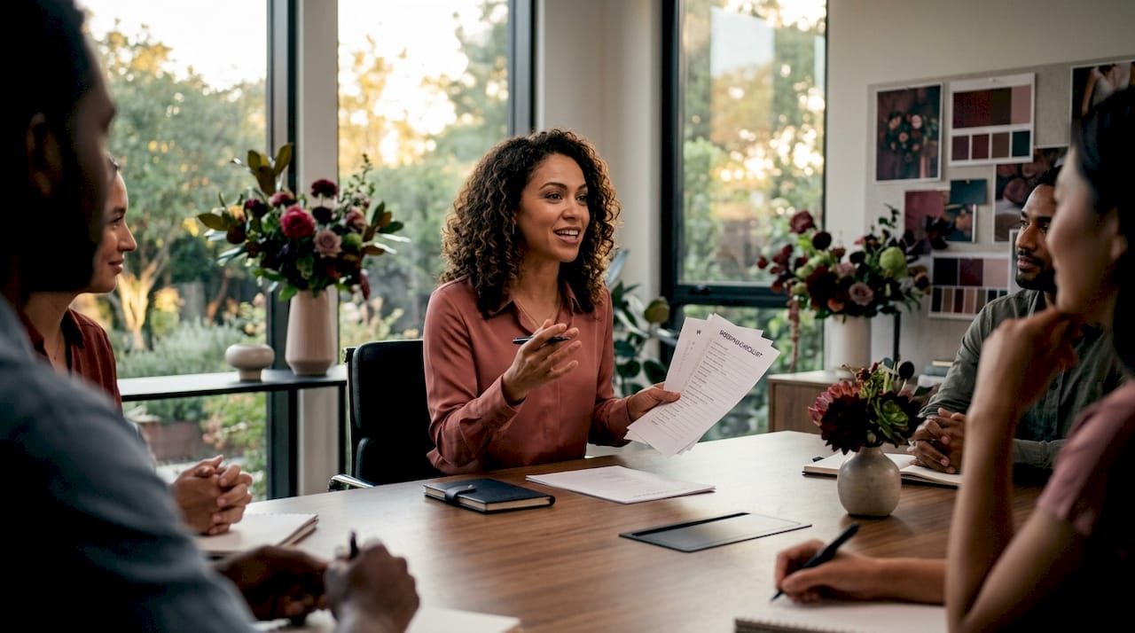 Wedding agency team leader coordinating meeting