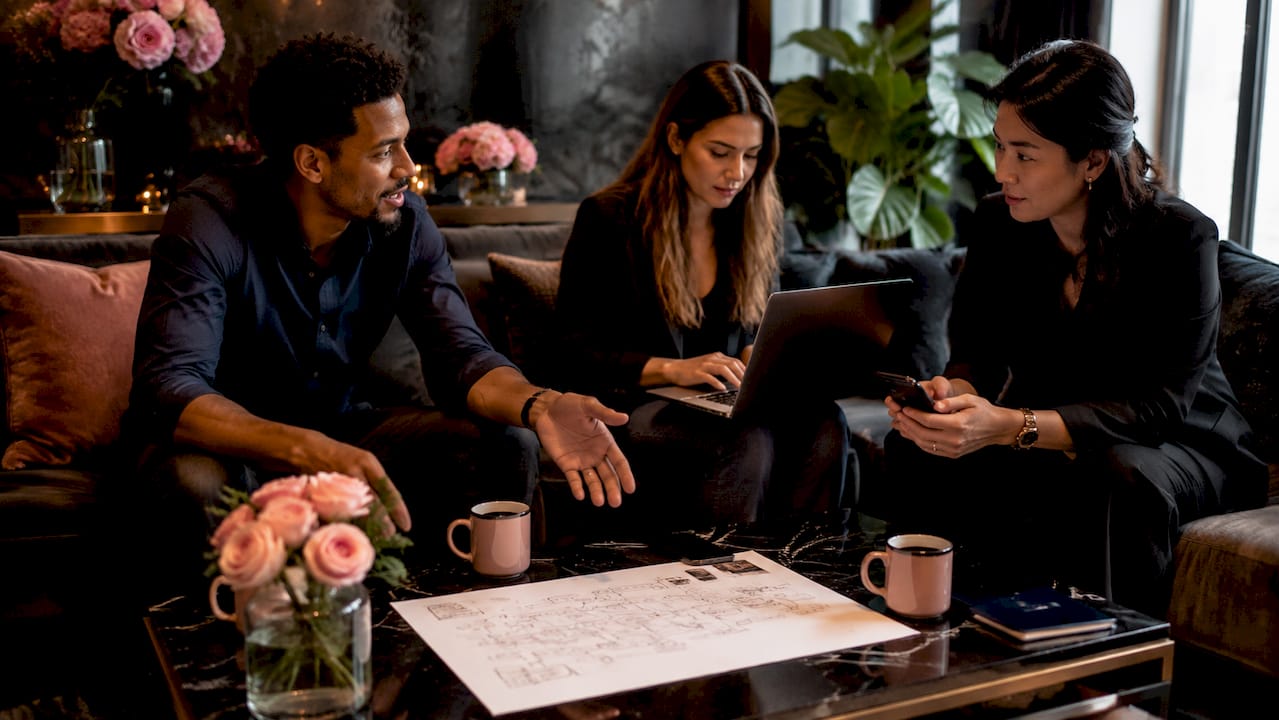 Wedding agency team collaborating on wedding tools