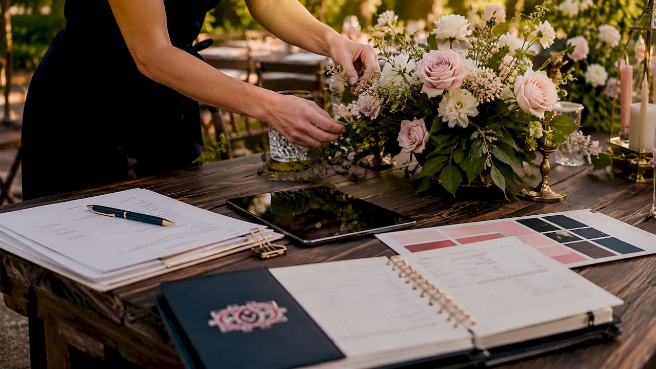 Coordinator organizing wedding timeline and decorations