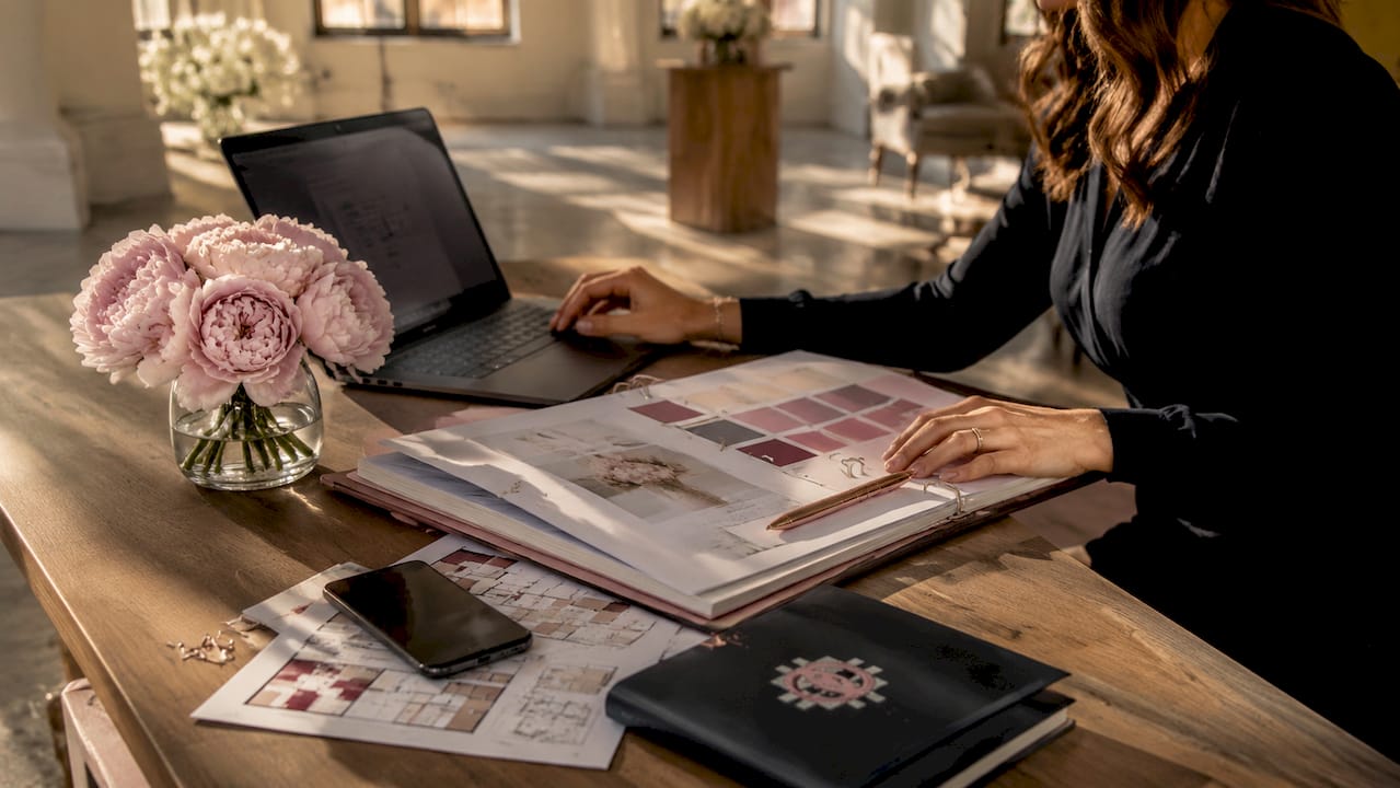 Wedding planner's organized desktop with planning tools
