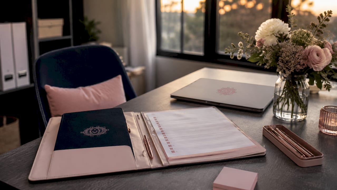Wedding handoff documents on coordinator desk