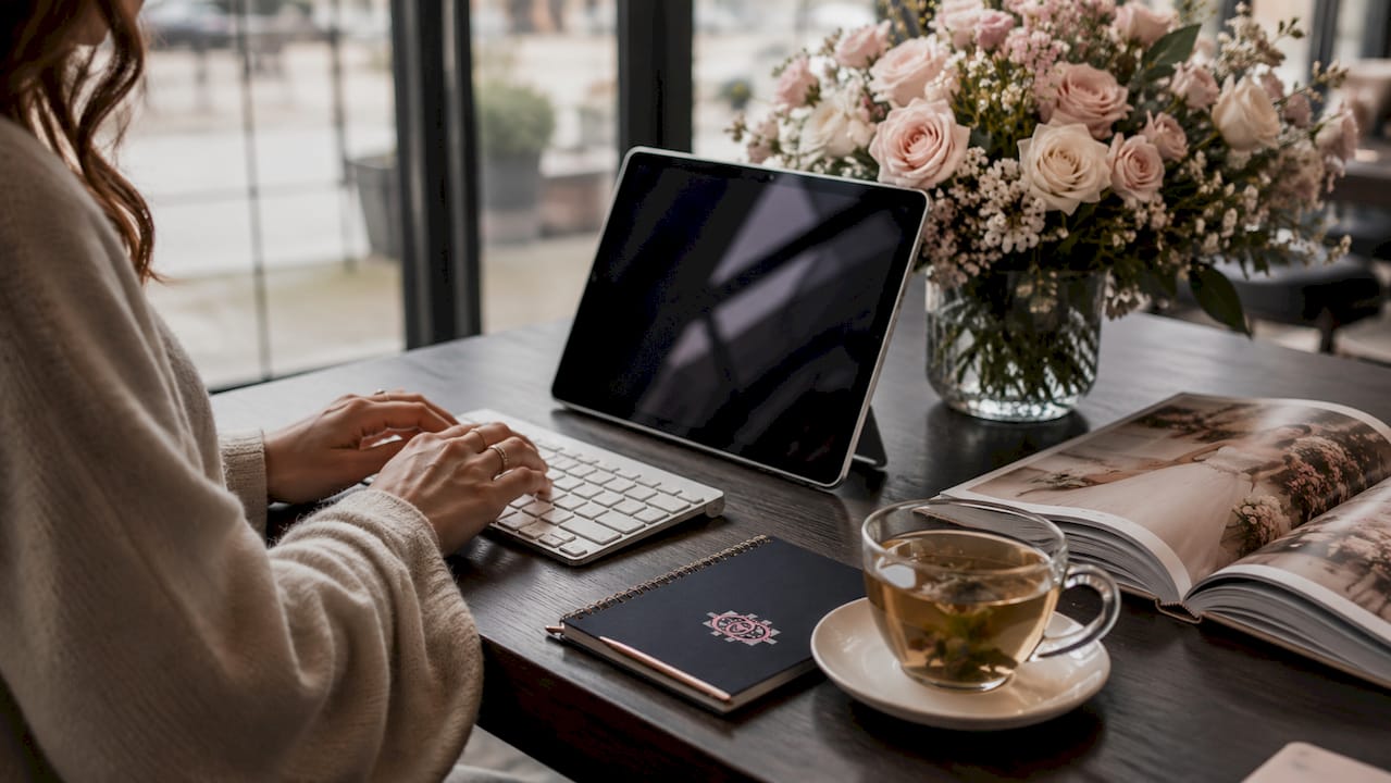 Over-shoulder view of digital RSVP setup on desk
