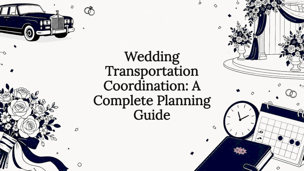 Decorative vector illustration framing wedding transportation title