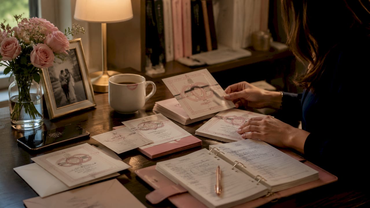 Hands holding wedding invitations on planner desk