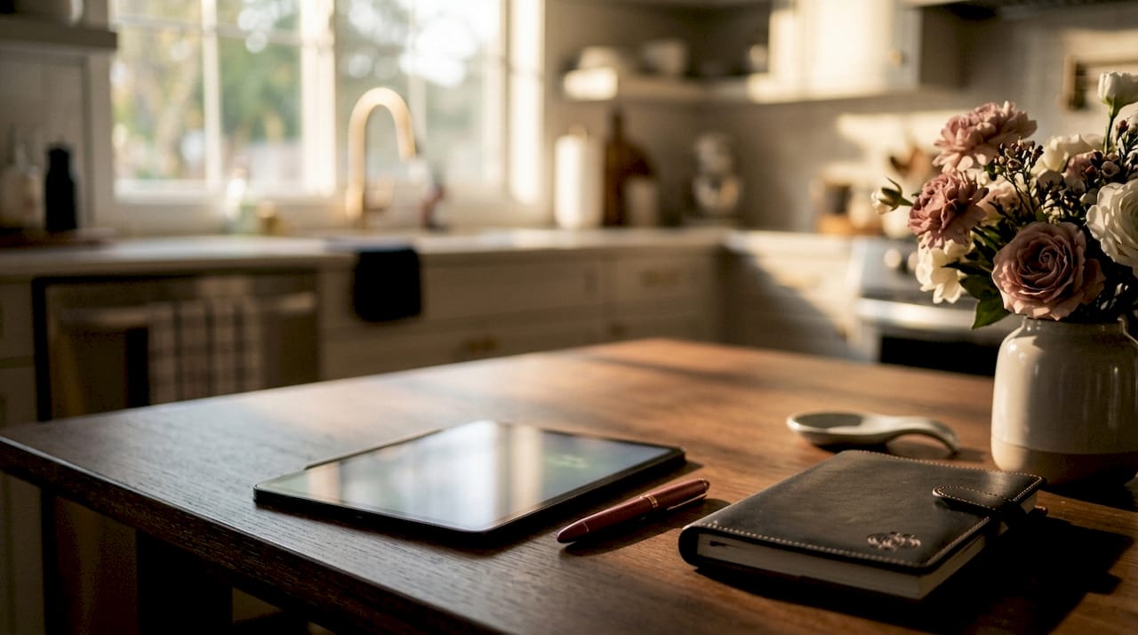 Tablet on table with wedding planning dashboard