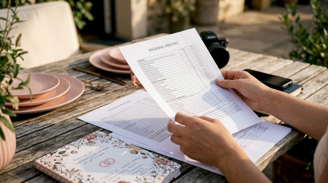 Hands reviewing wedding vendor pricing sheets