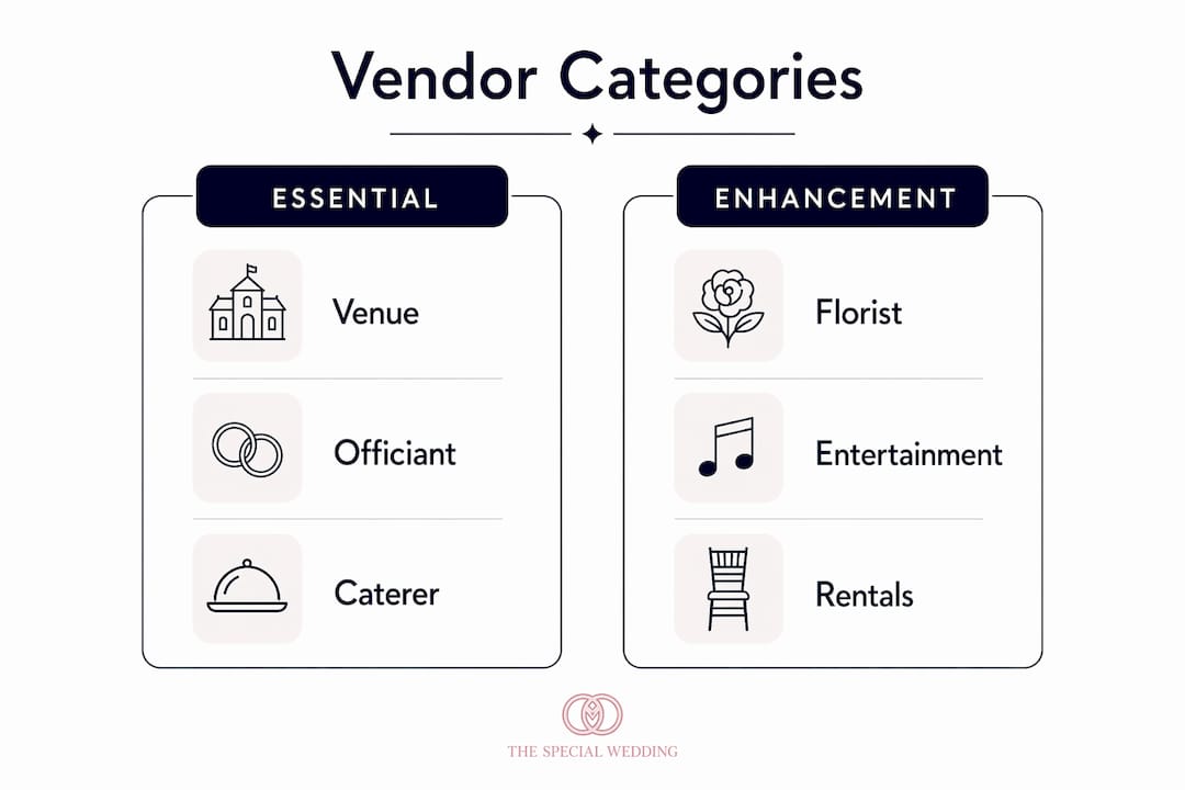 Infographic comparing essential vs enhancement wedding vendors