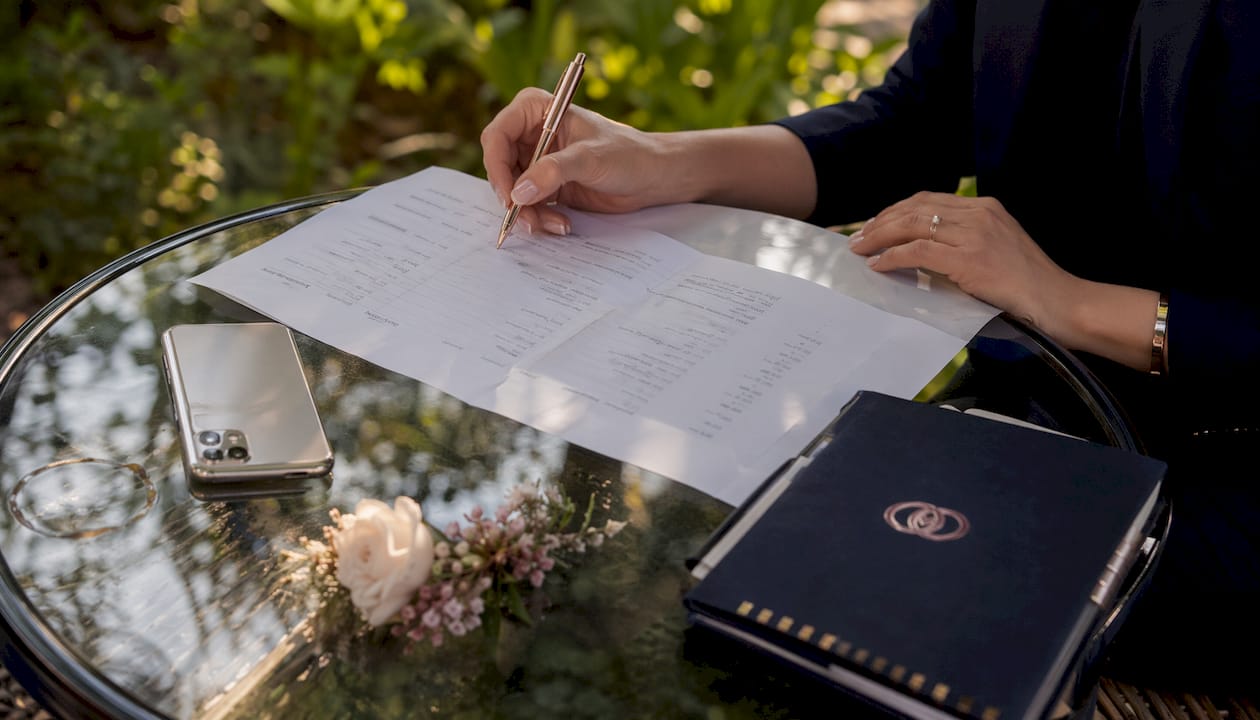 Wedding planner reviewing vendor runsheet document