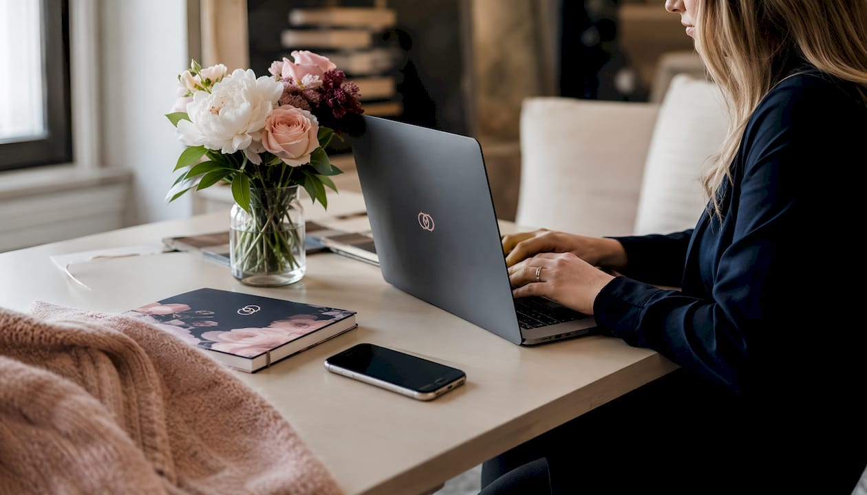 Close-up of hands typing wedding software on laptop with flowers