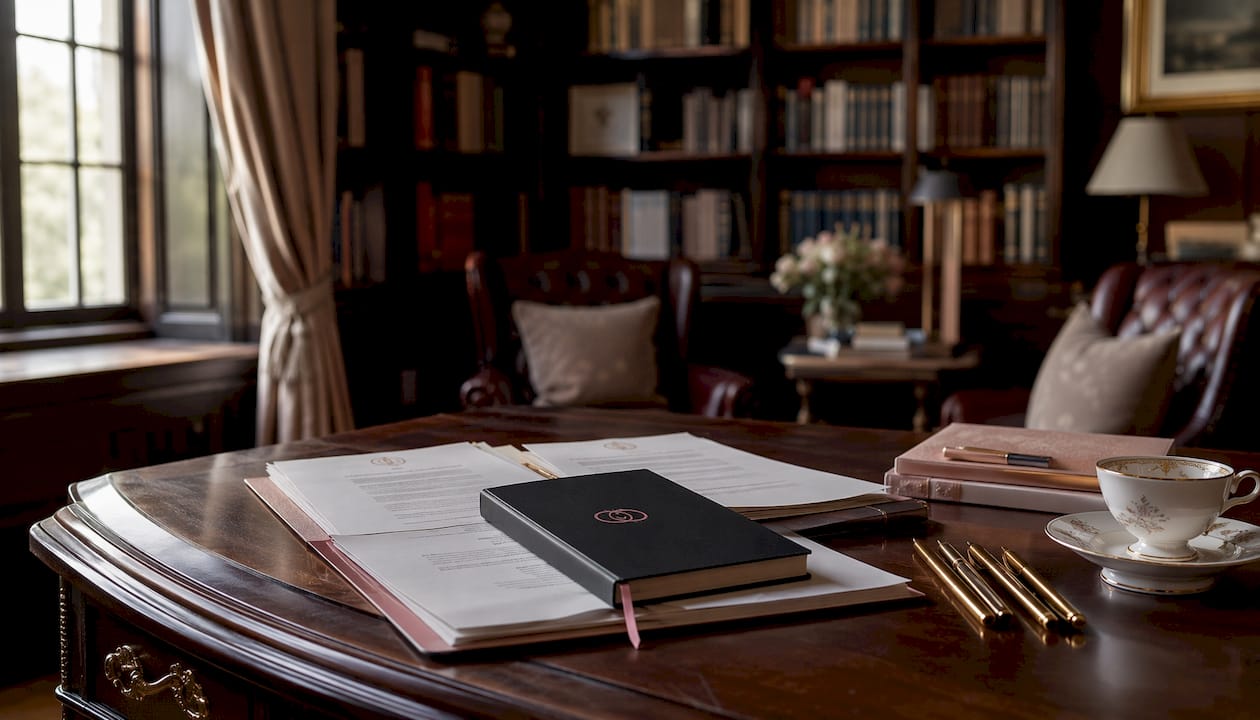 Wedding planner's desk with vendor documents and tablet