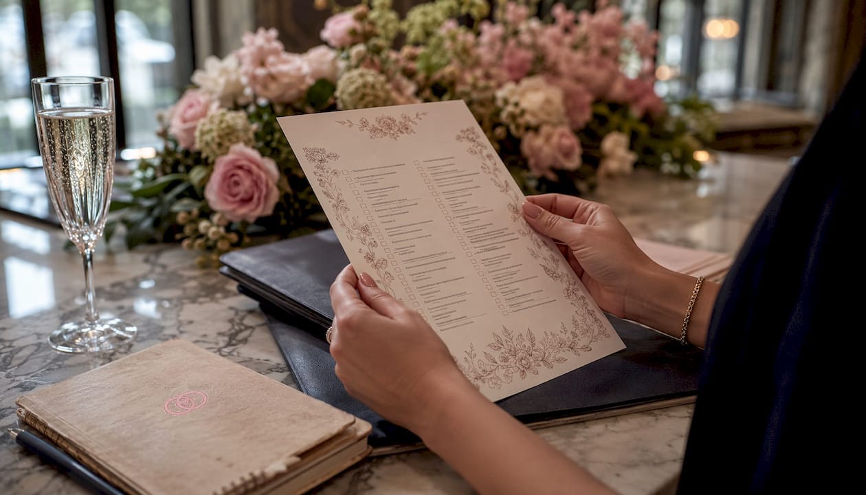 Close-up hands with wedding vendor checklist outdoors