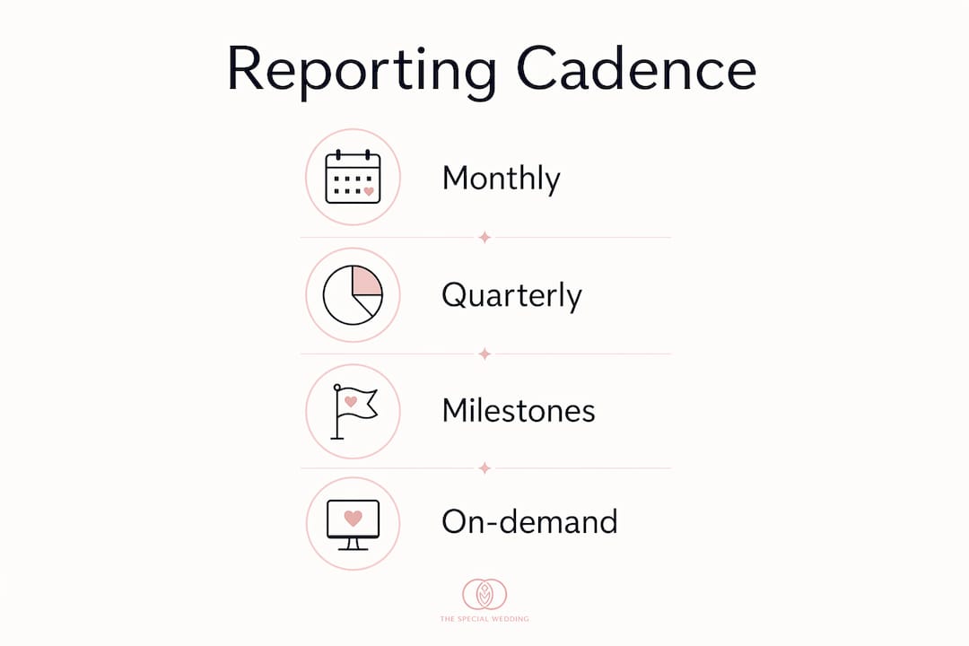 Infographic presenting client reporting cadence steps