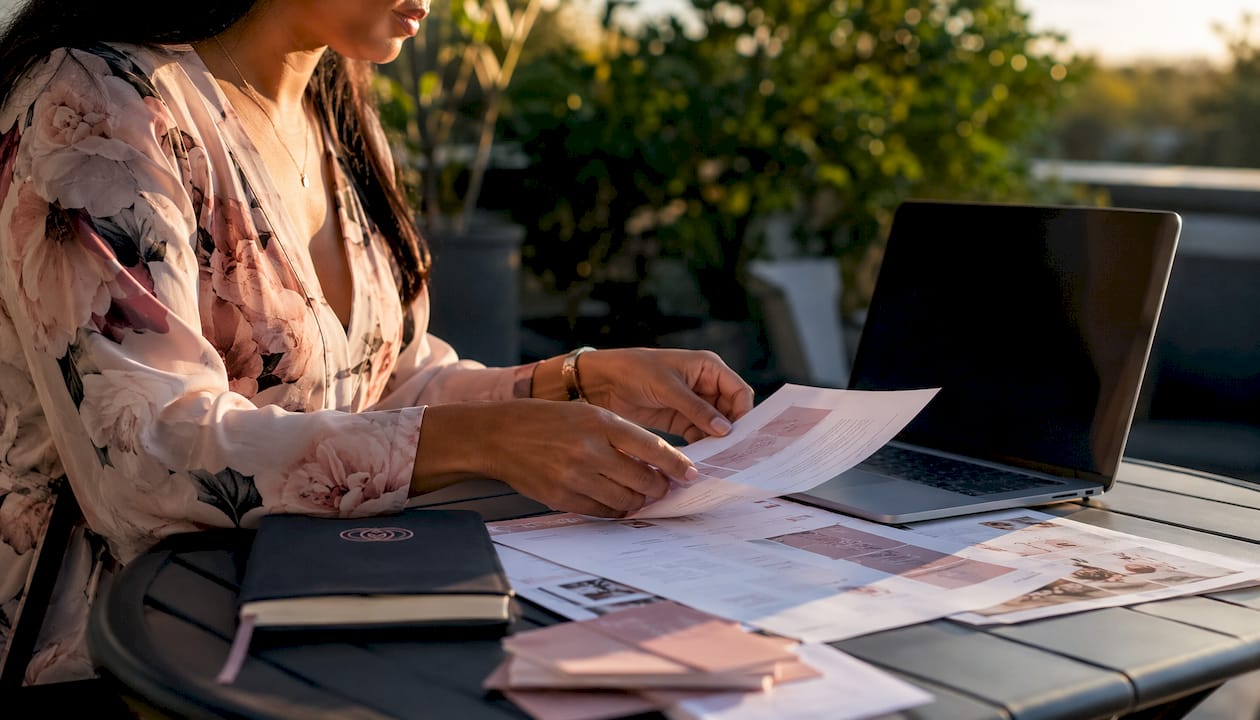 Hands reviewing wedding agency budget report on desk