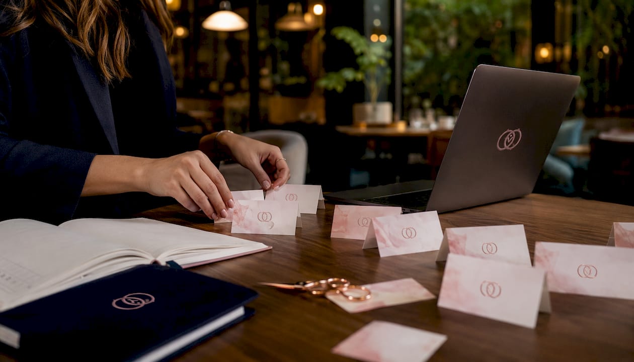 Wedding planner hands arranging place cards on desk