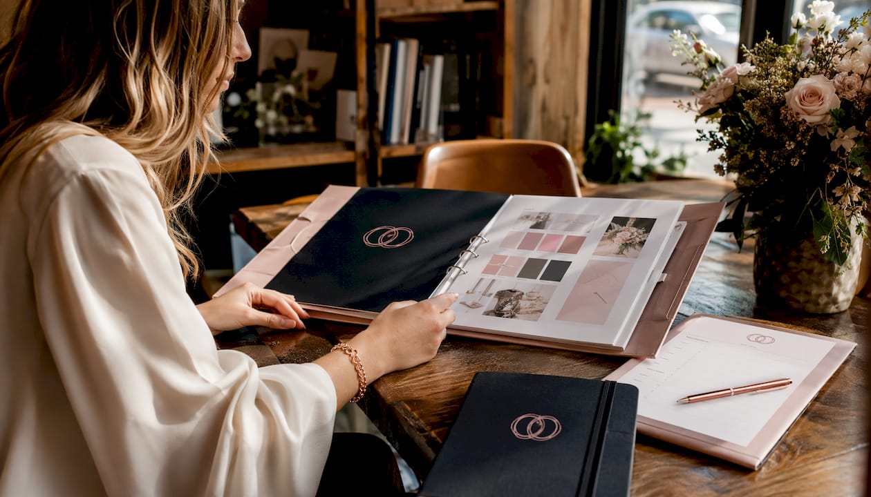 Wedding planner reviewing brand identity materials