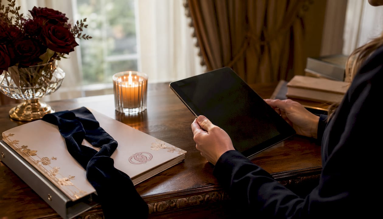 Hands-on tablet at wedding agency workspace