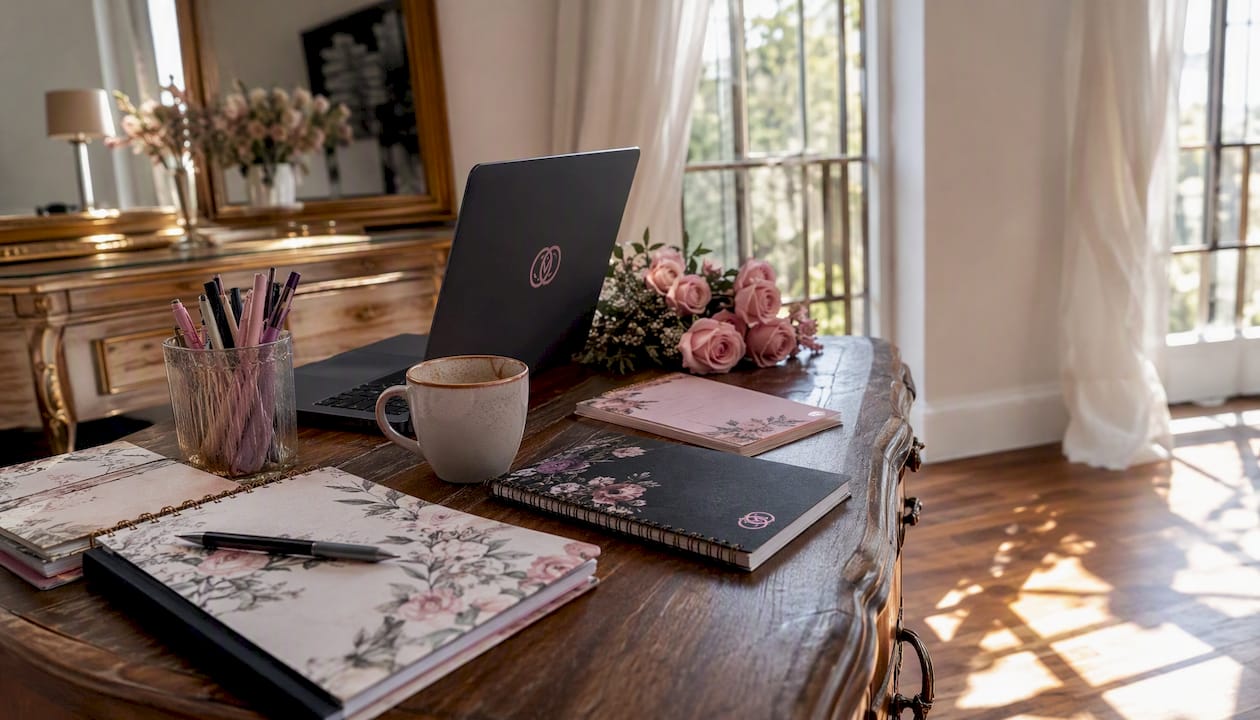 Wedding planner studio workspace with planning materials