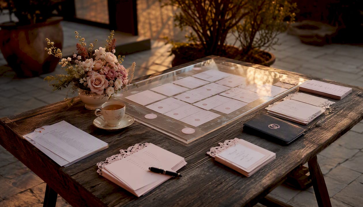Seating chart and RSVP management tools on table