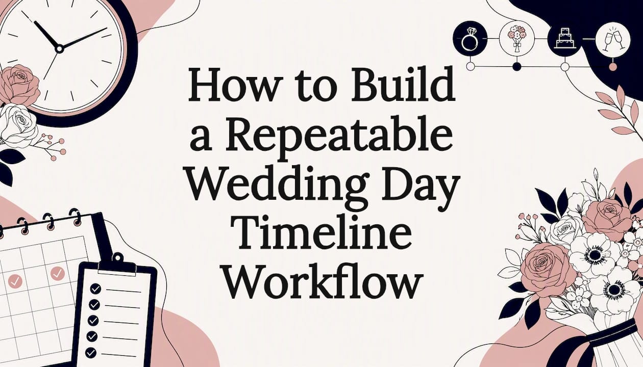 Decorative wedding day timeline title card illustration