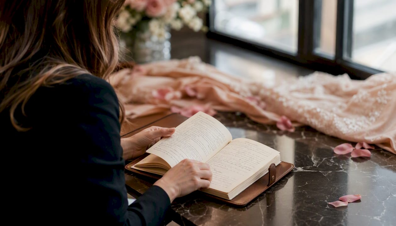Wedding planner reviewing post-event notes