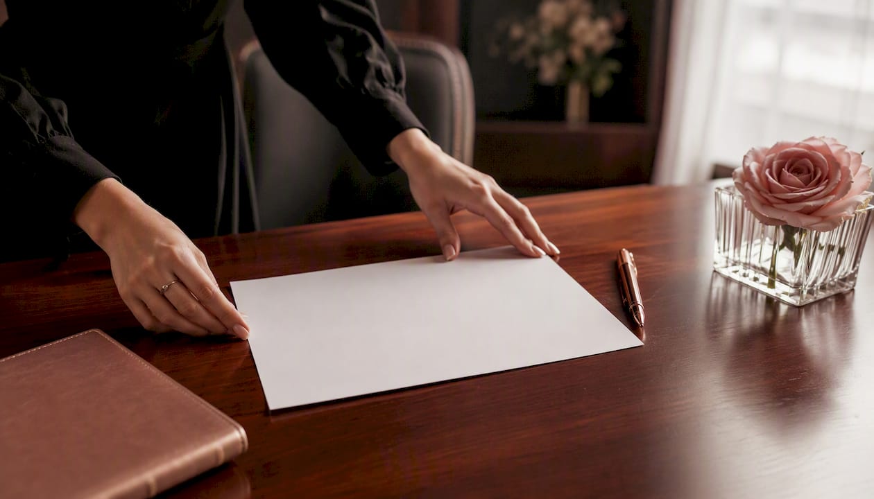 Hands presenting digital contract on wood table