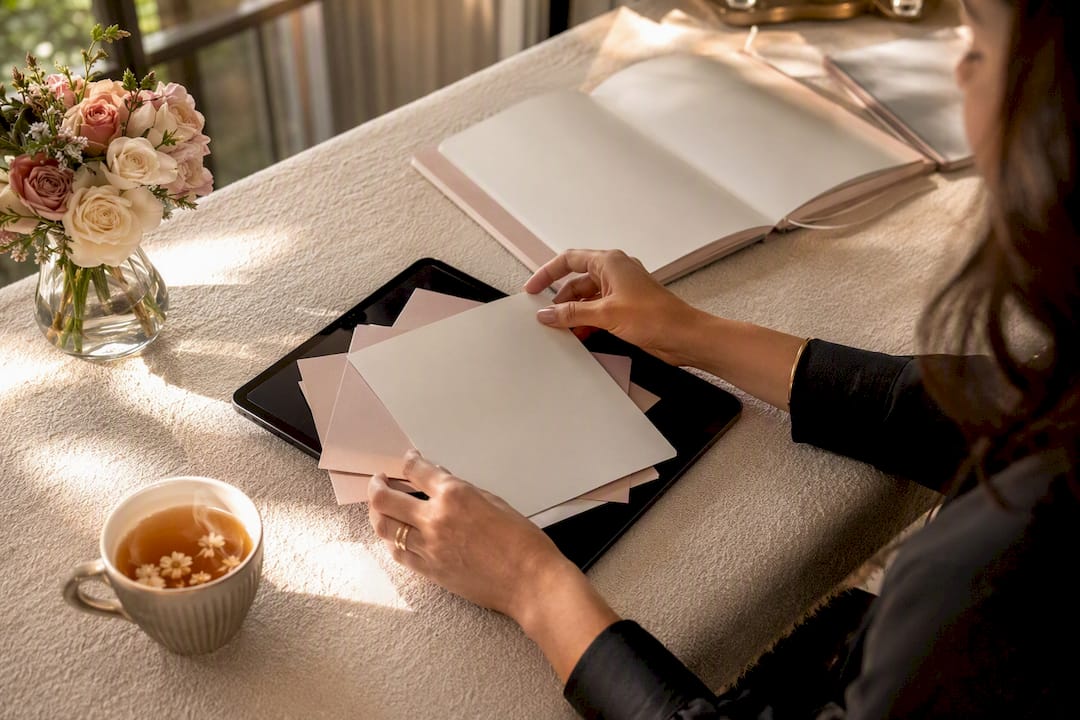 Hands organizing insurance info on tablet