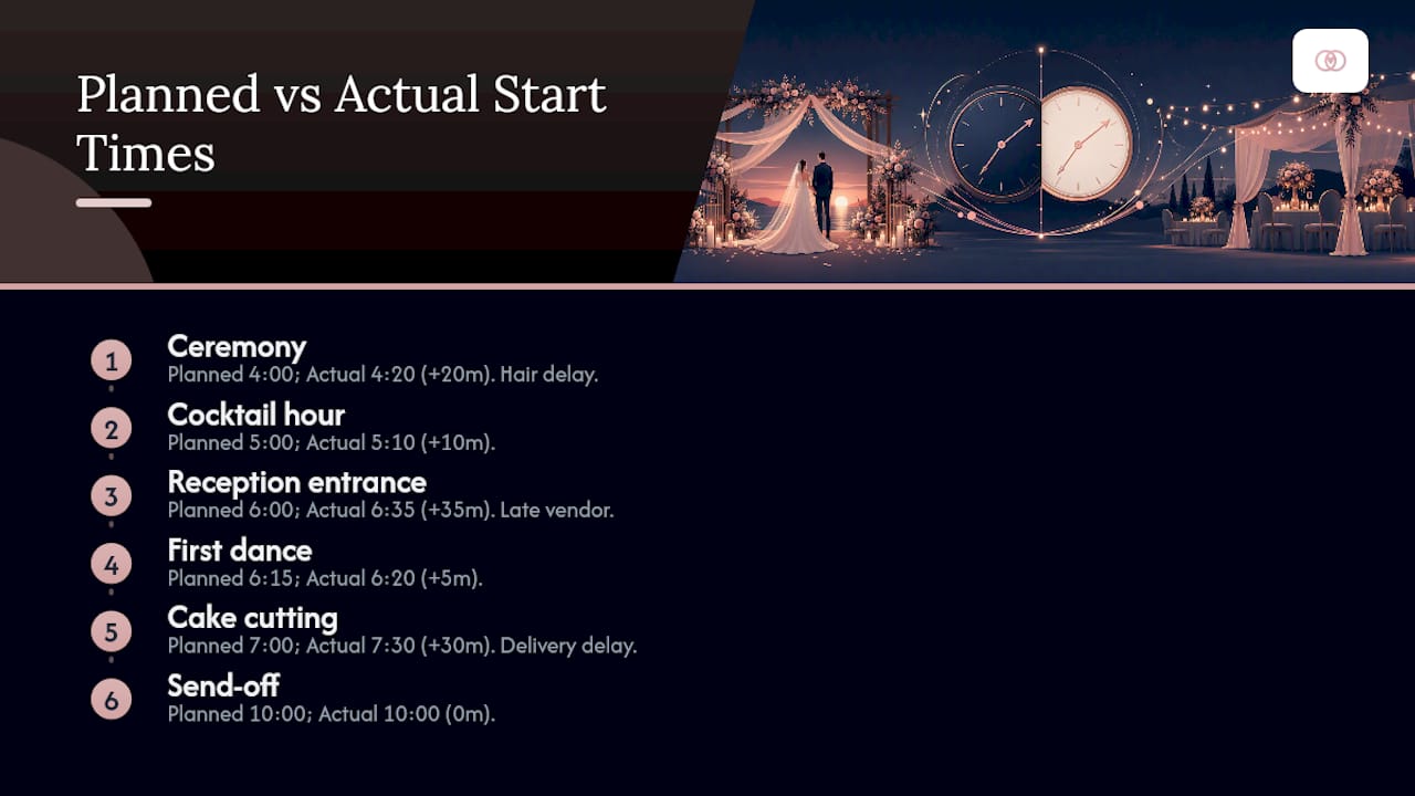 Timeline comparison diagram of planned vs actual wedding phases