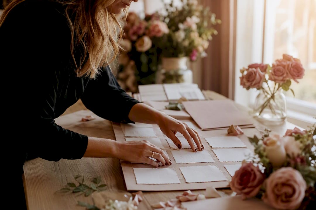 Planner hands with tablet and wedding floorplan