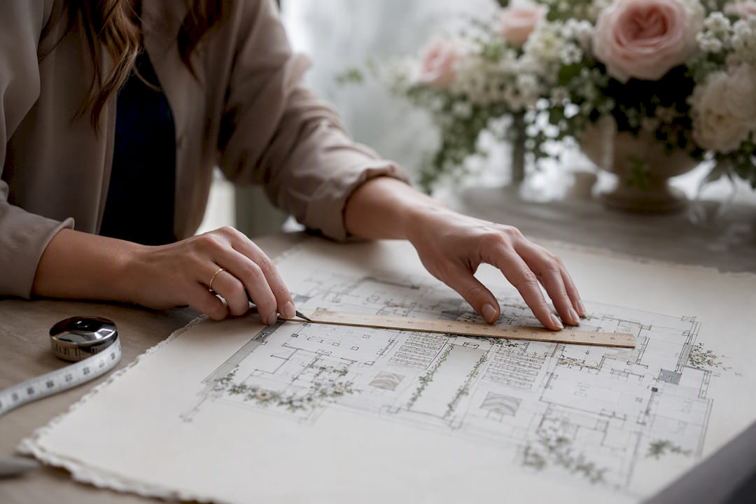 Hands adjusting wedding venue floor plan measurements