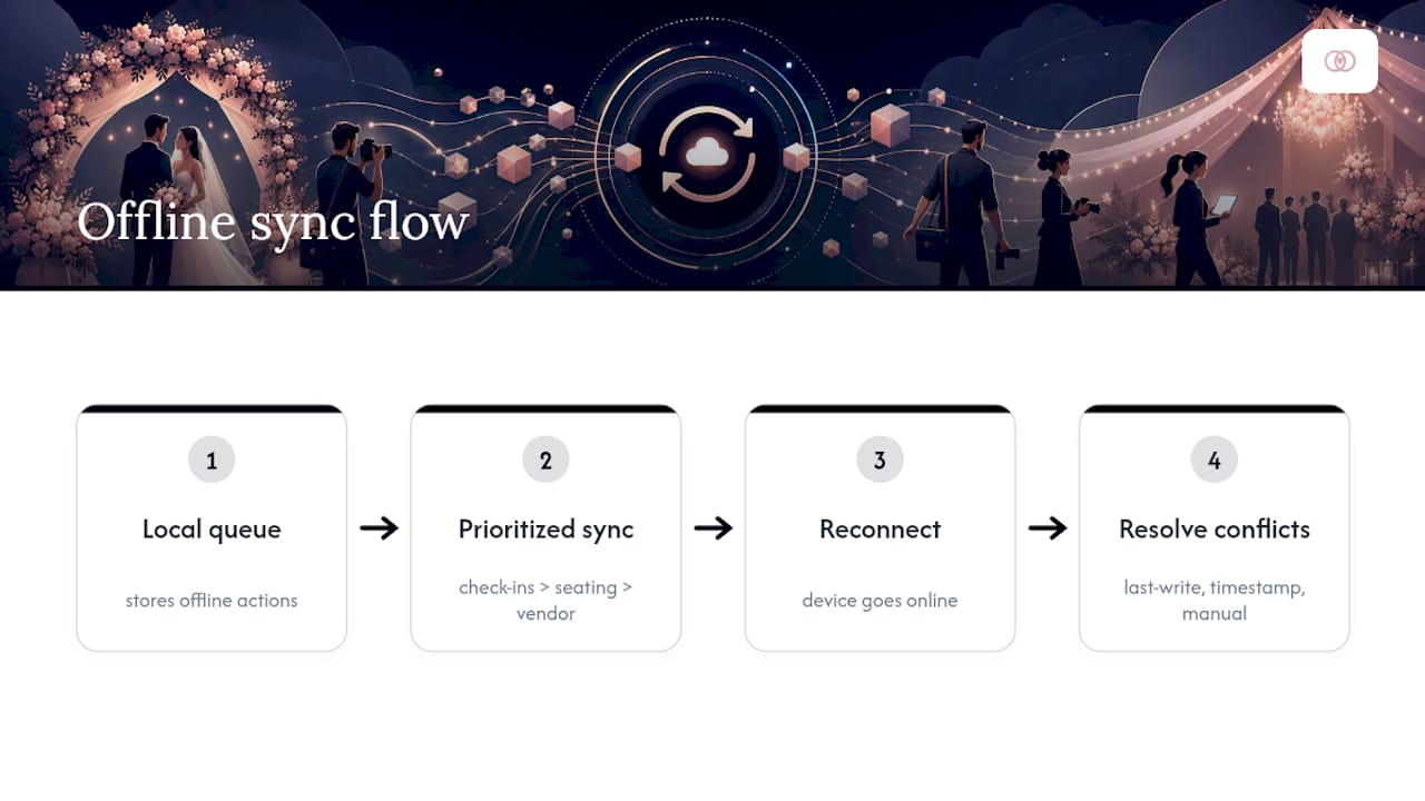 Offline sync queue and conflict resolution flow