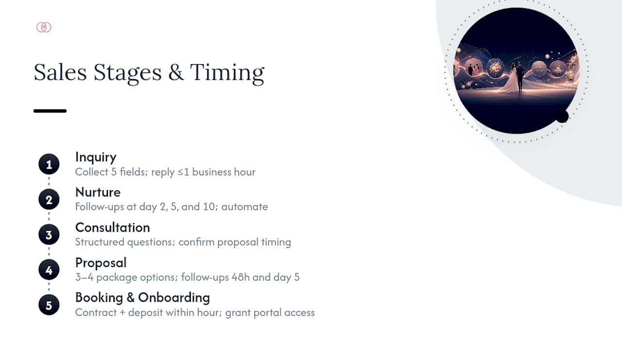Five-stage wedding sales workflow