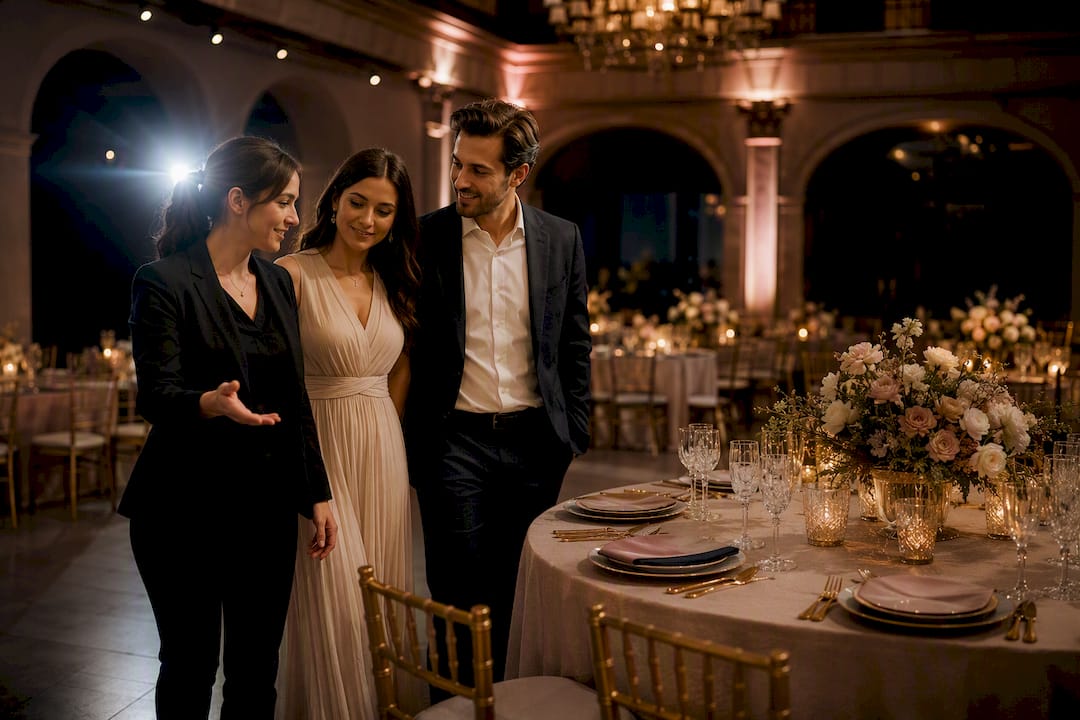 Planner and couple inspecting wedding venue lighting