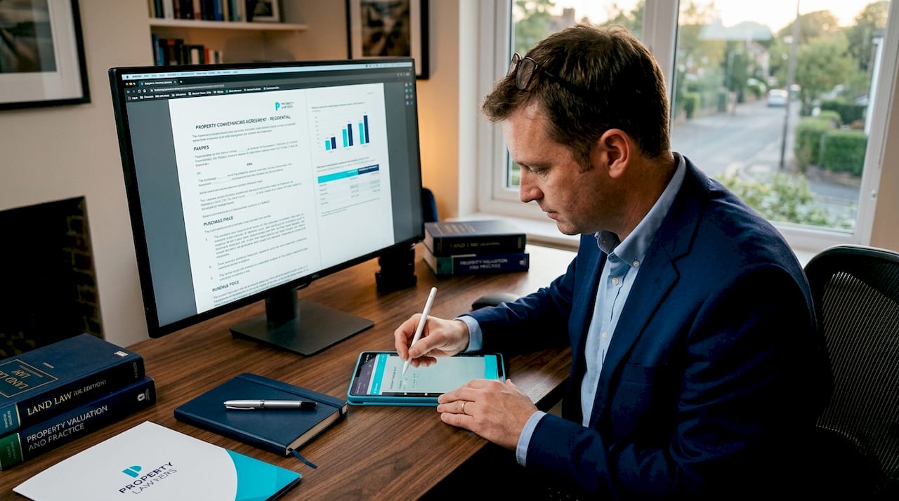 Lawyer reviews property contract in small office