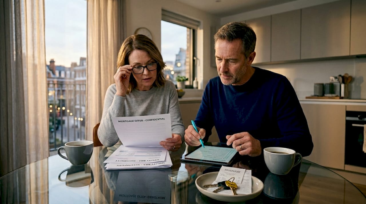 Couple reviewing property documents at home